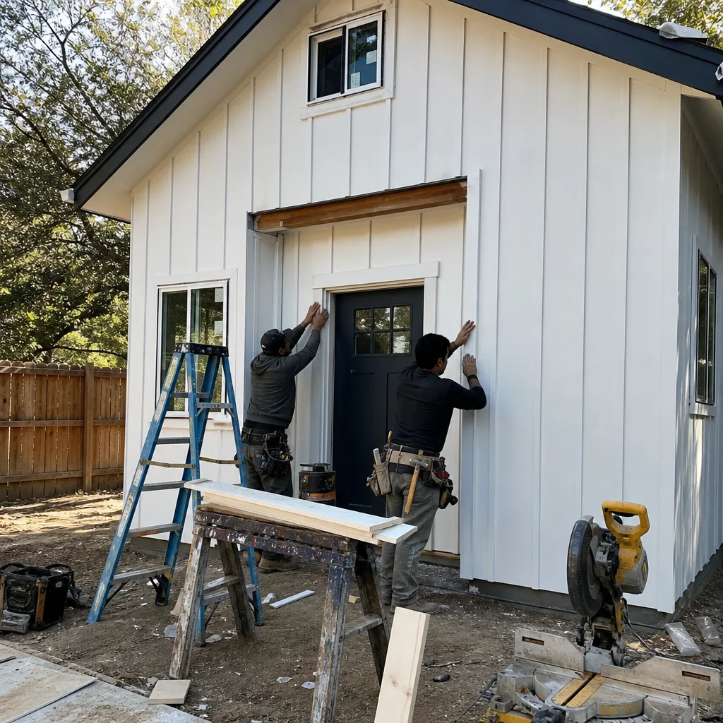 Two contractors installing exterior trim on a white ADU building.