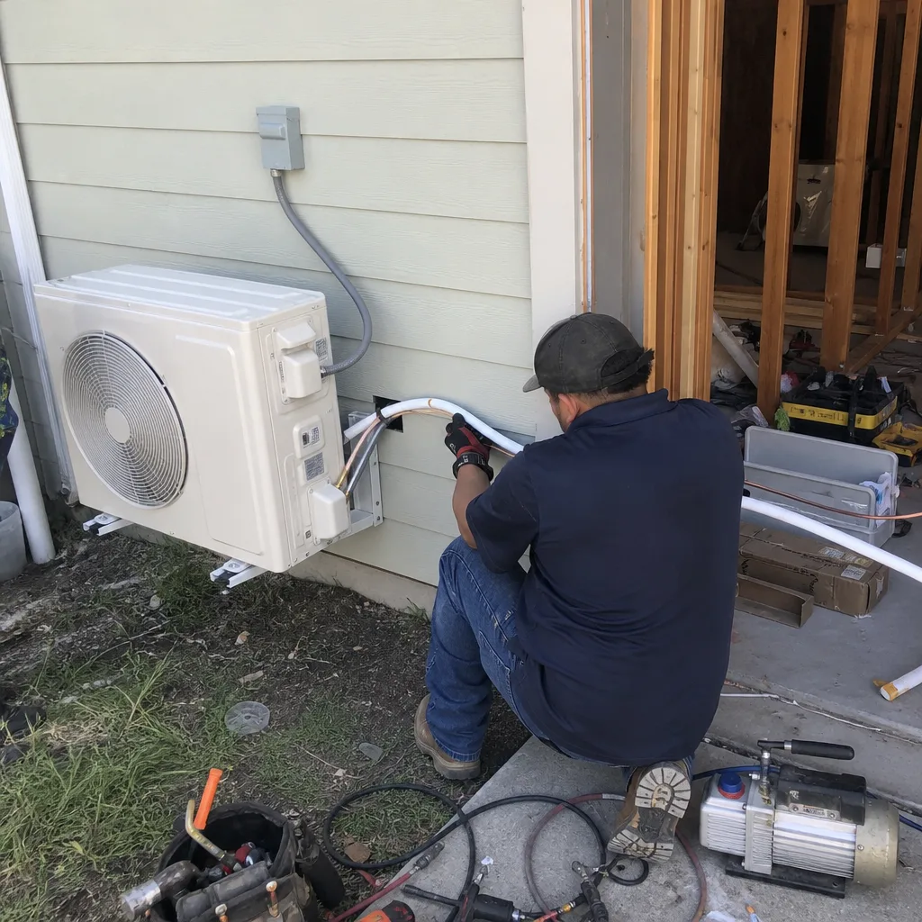 HVAC technician installing cooling unit for a garage conversion project