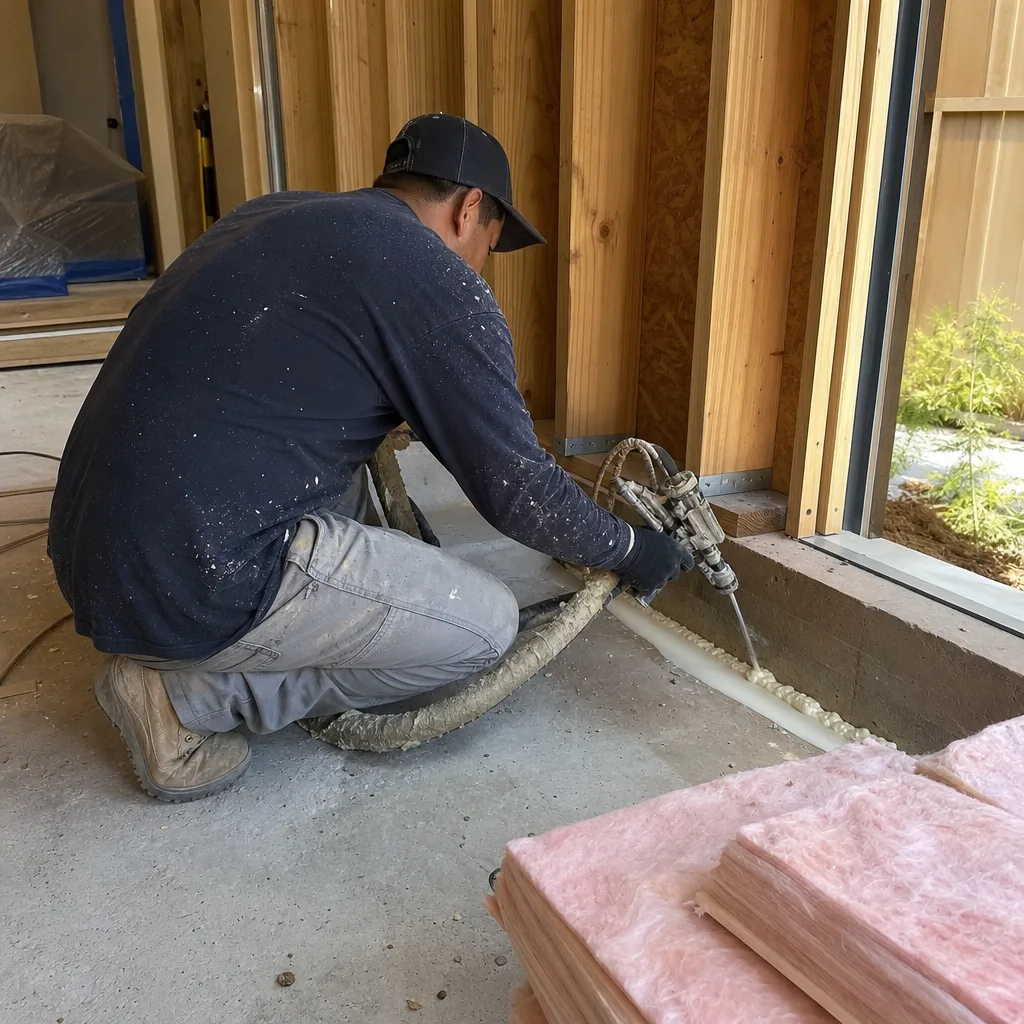 Contractor applying spray foam insulation during a garage conversion