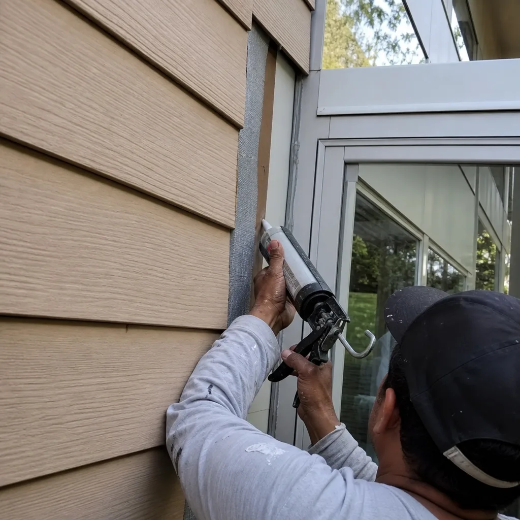 Contractor sealing window frame for home addition project