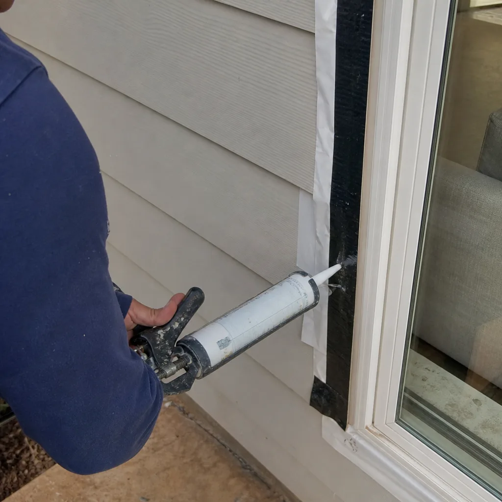 Contractor applying caulk to window frame during home addition construction
