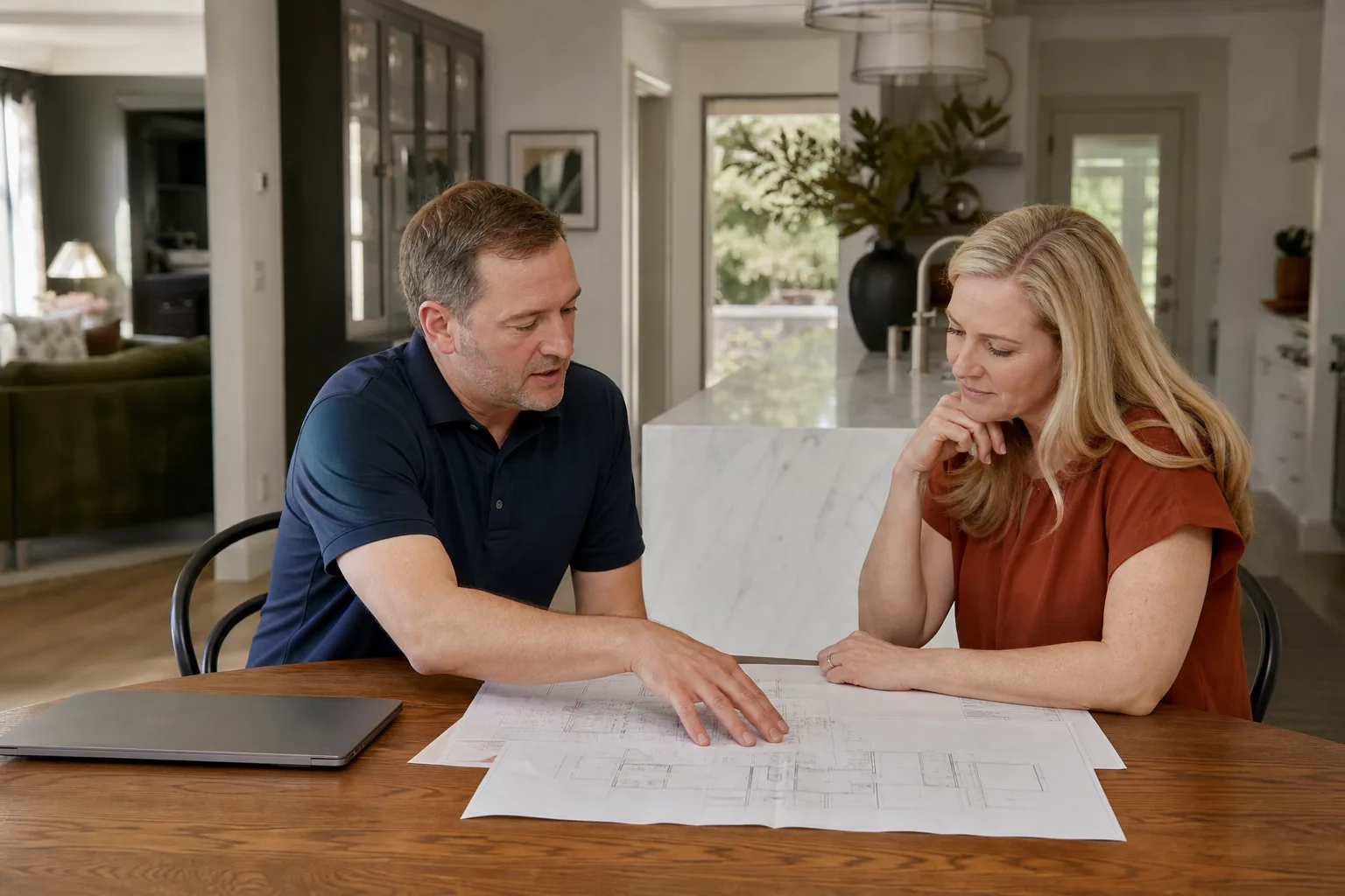 A project lead going over permit drawings with a homeowner